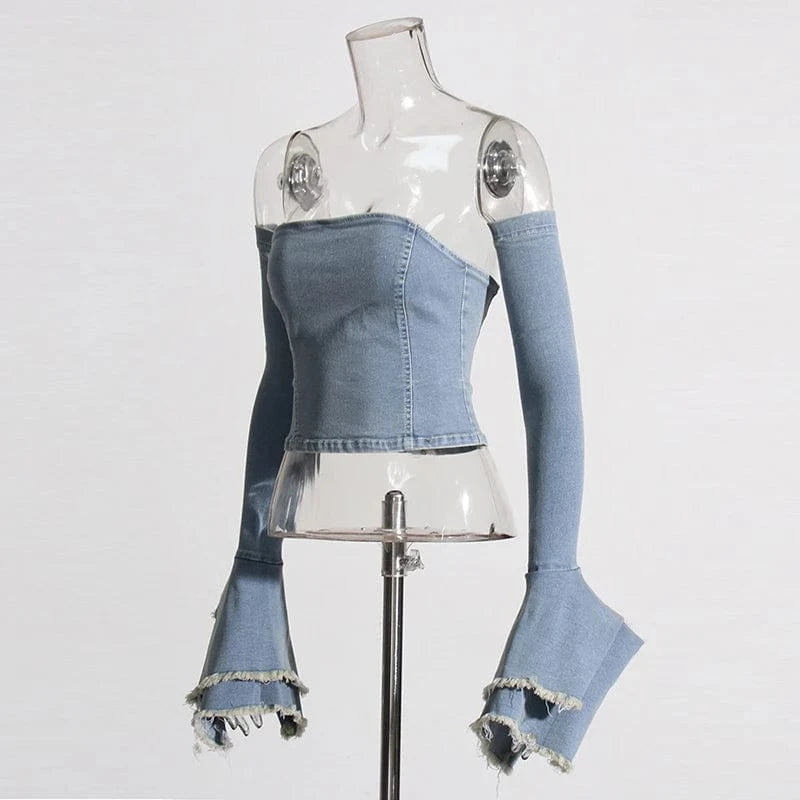 CHICEVER Fashion Solid Color Strapless Flare Sleeve Cold Shoulder Denim Vest For Women