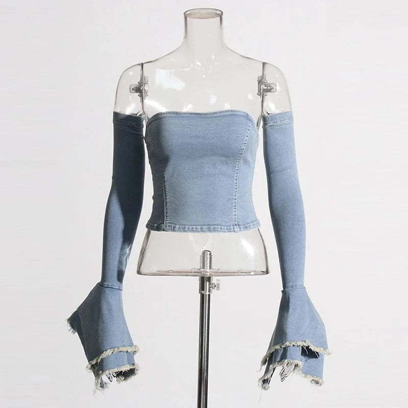 CHICEVER Fashion Solid Color Strapless Flare Sleeve Cold Shoulder Denim Vest For Women