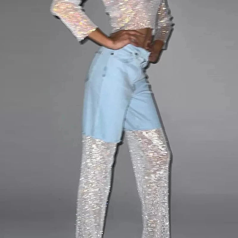 CHICEVER Fashion Spliced Mesh High Waist Patchwork Diamonds Jeans Pants For Women 2023