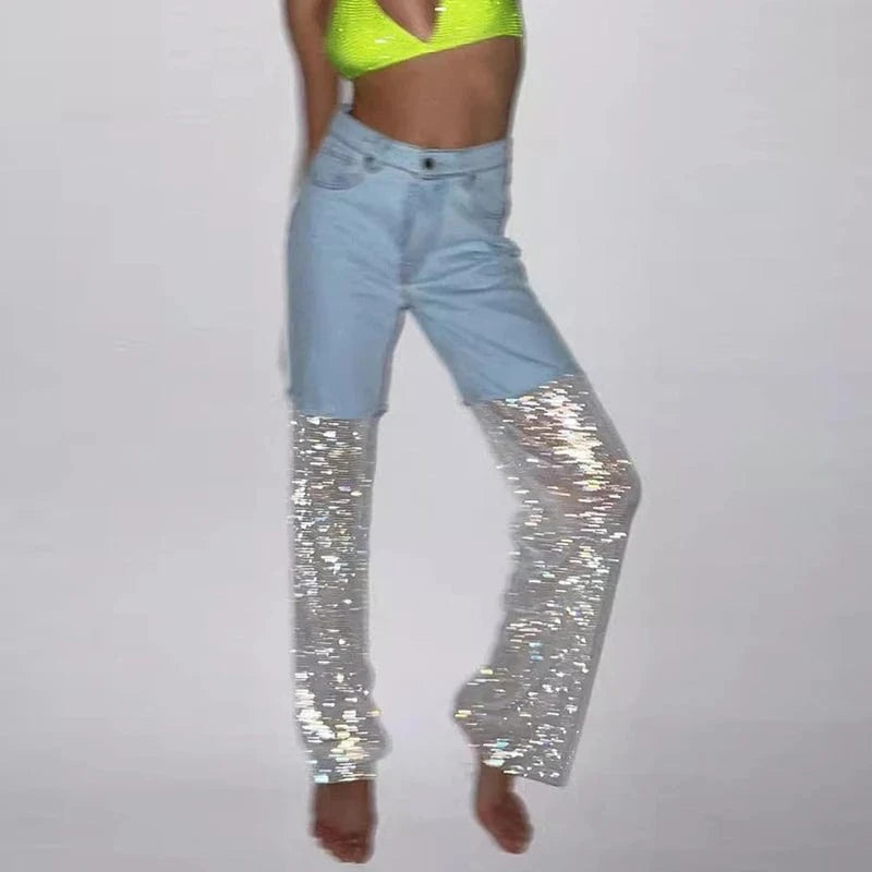 CHICEVER Fashion Spliced Mesh High Waist Patchwork Diamonds Jeans Pants For Women 2023