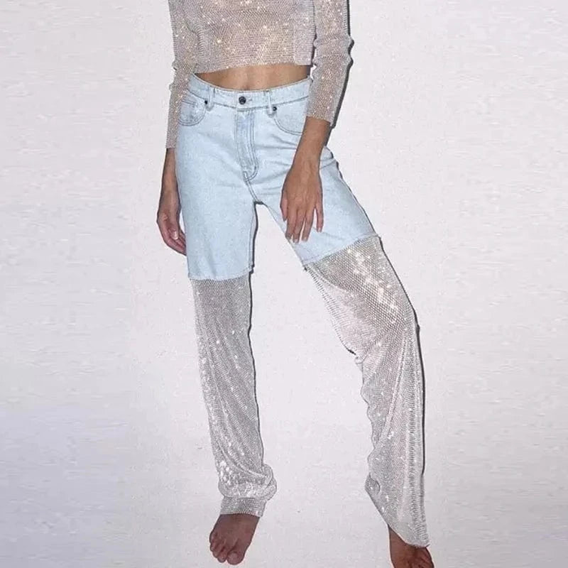 CHICEVER Fashion Spliced Mesh High Waist Patchwork Diamonds Jeans Pants For Women 2023