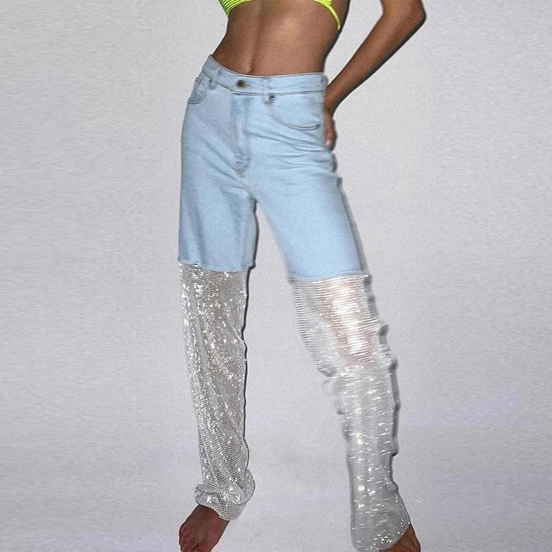 CHICEVER Fashion Spliced Mesh High Waist Patchwork Diamonds Jeans Pants For Women 2023