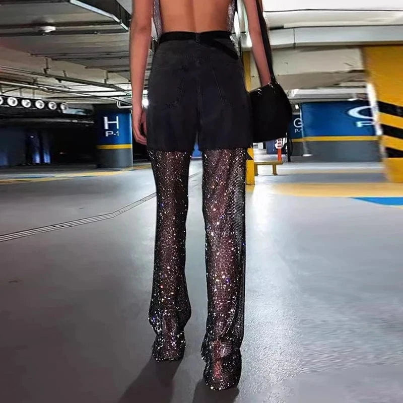 CHICEVER Fashion Spliced Mesh High Waist Patchwork Diamonds Jeans Pants For Women 2023