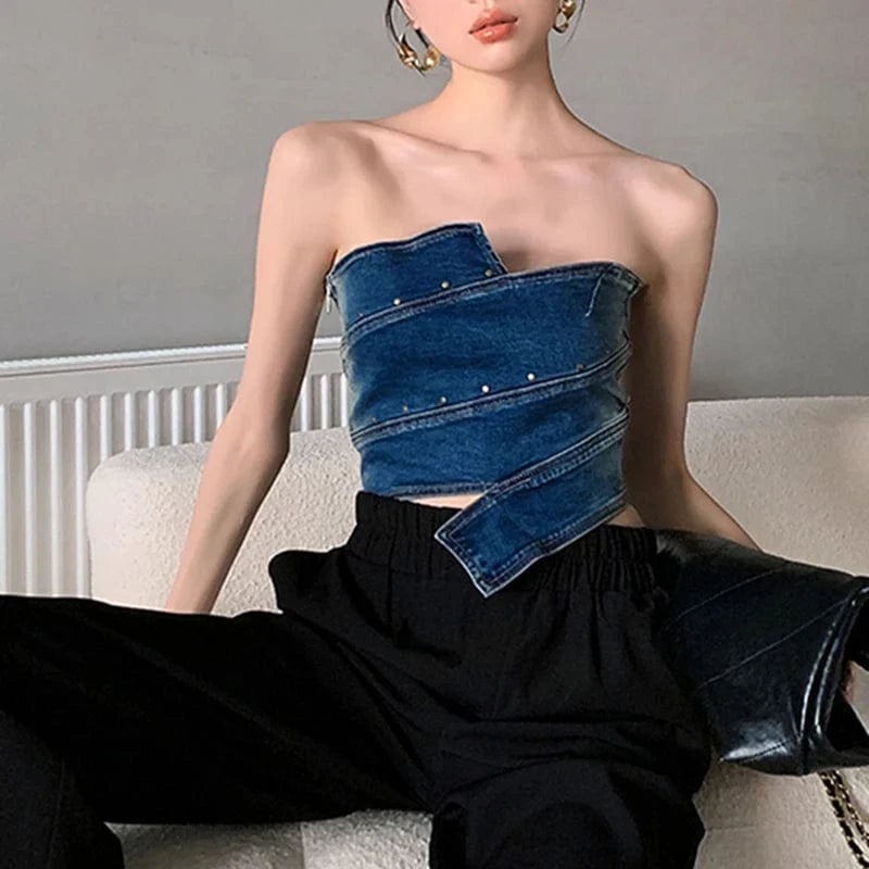 CHICEVER Fashion Strapless Sleeveless Backless Women's Denim Vests Top Waistcoats
