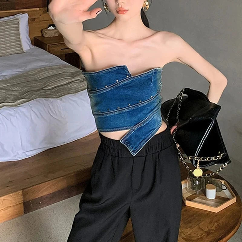 CHICEVER Fashion Strapless Sleeveless Backless Women's Denim Vests Top Waistcoats
