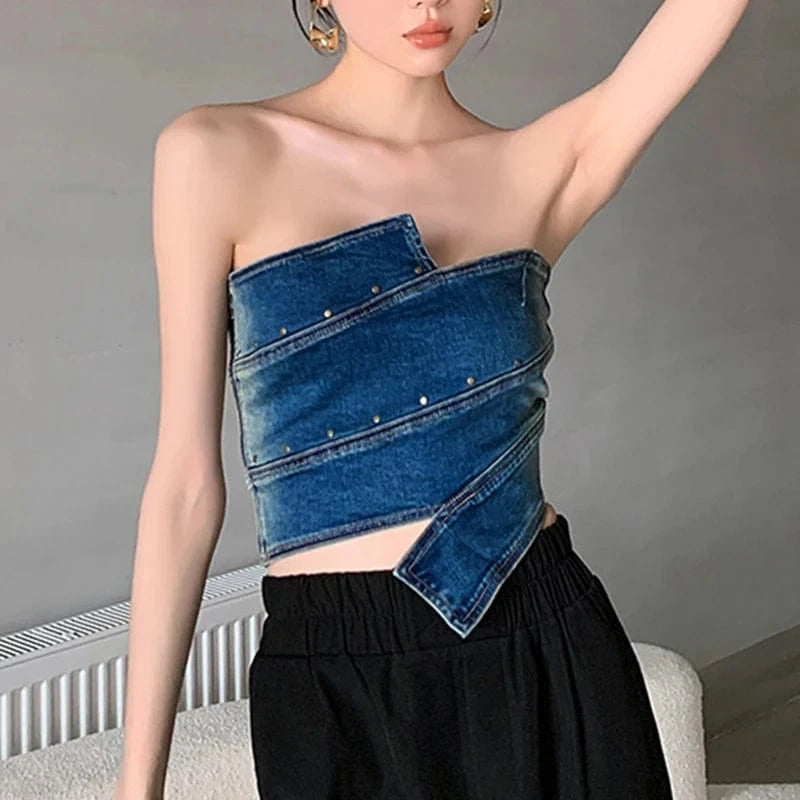 CHICEVER Fashion Strapless Sleeveless Backless Women's Denim Vests Top Waistcoats