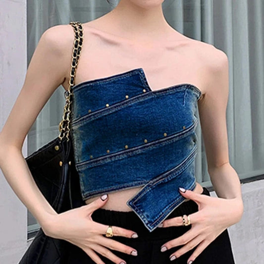 CHICEVER Fashion Strapless Sleeveless Backless Women's Denim Vests Top Waistcoats