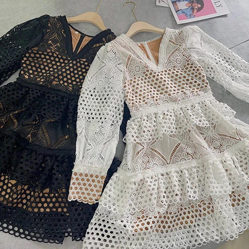 CHICEVER Fashionable Casual High Waist Long Sleeve Hollow Out Elegant Women Summer Dresses