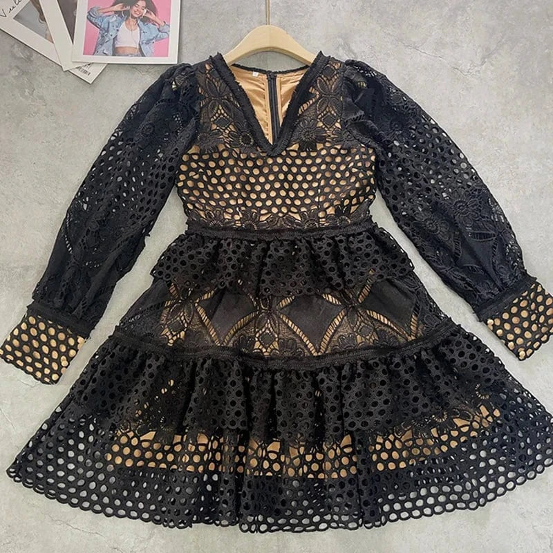 CHICEVER Fashionable Casual High Waist Long Sleeve Hollow Out Elegant Women Summer Dresses