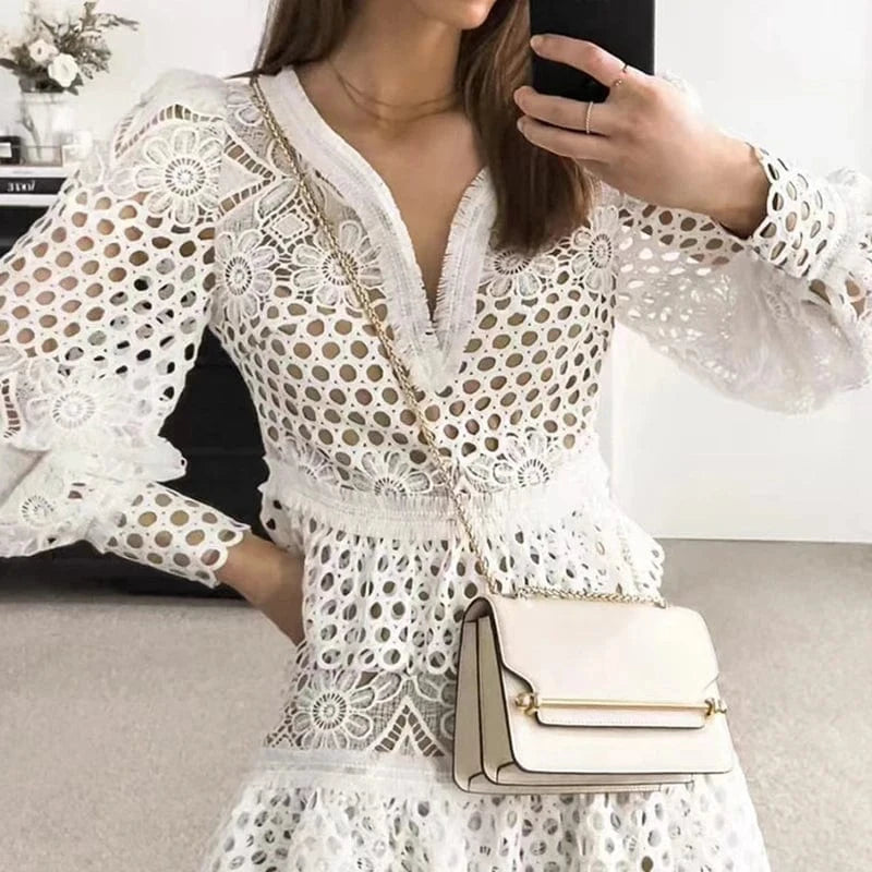 CHICEVER Fashionable Casual High Waist Long Sleeve Hollow Out Elegant Women Summer Dresses