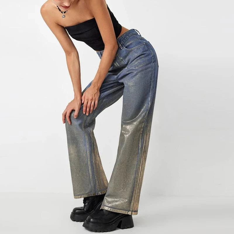 CHICEVER Fashionable Gilding Design High Waist Patchwork Pockets Denim Jeans Pants For Women