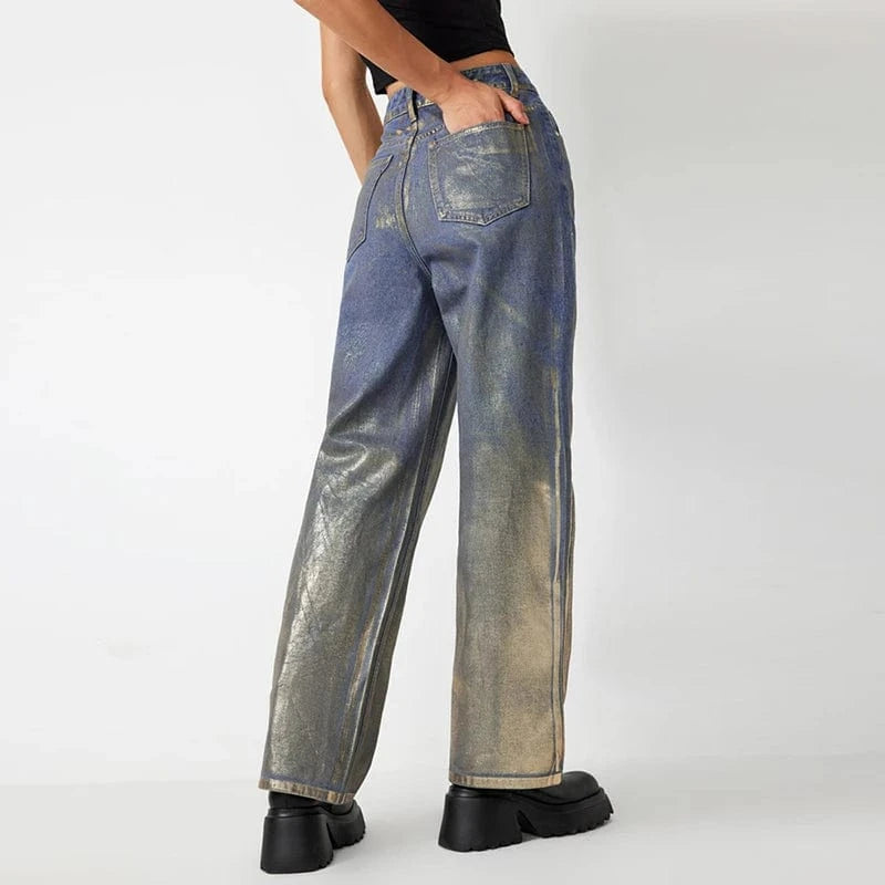 CHICEVER Fashionable Gilding Design High Waist Patchwork Pockets Denim Jeans Pants For Women