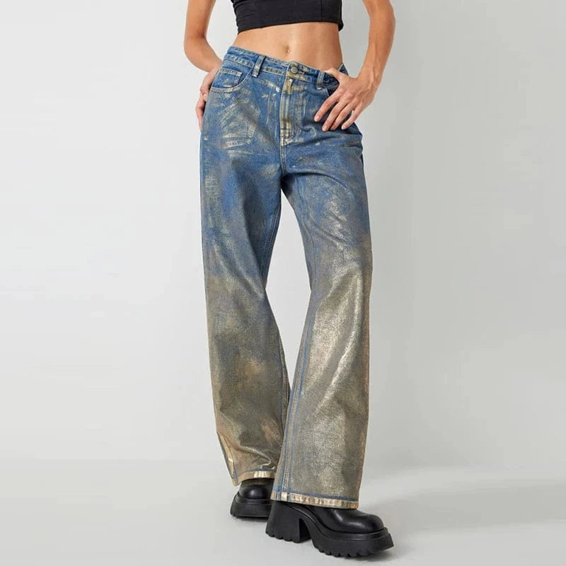 CHICEVER Fashionable Gilding Design High Waist Patchwork Pockets Denim Jeans Pants For Women