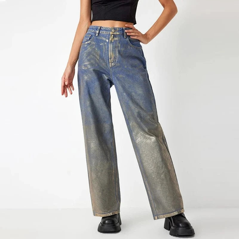 CHICEVER Fashionable Gilding Design High Waist Patchwork Pockets Denim Jeans Pants For Women