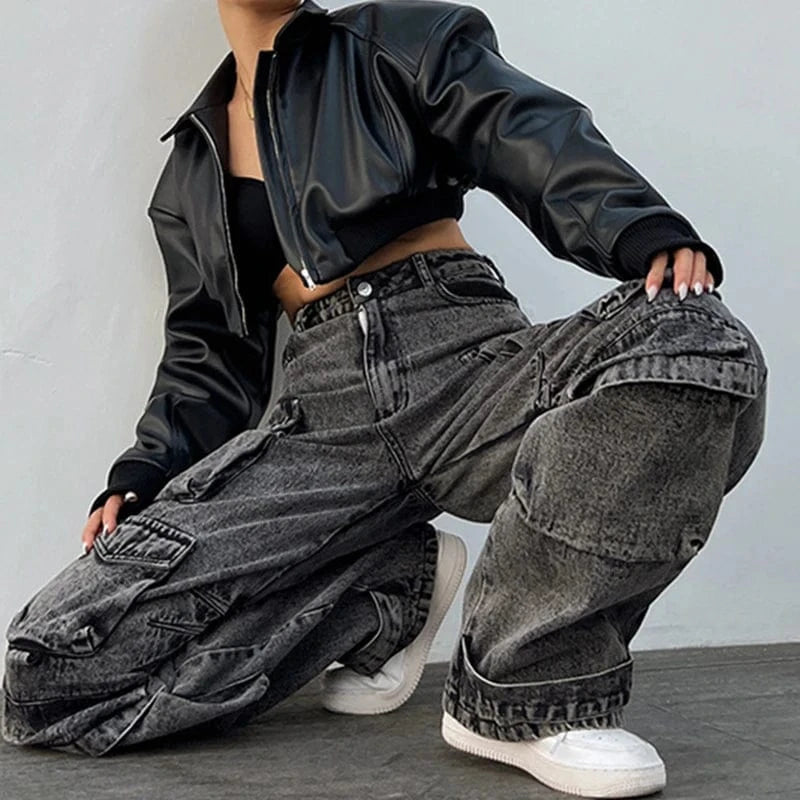 CHICEVER Fashionable High Waist Patchwork Pockets Cargo Denim Jeans For Women 2023