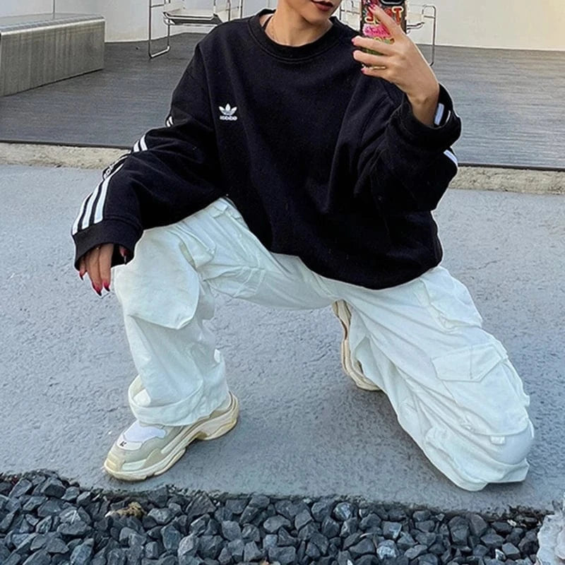 CHICEVER Fashionable High Waist Patchwork Pockets Cargo Denim Jeans For Women 2023