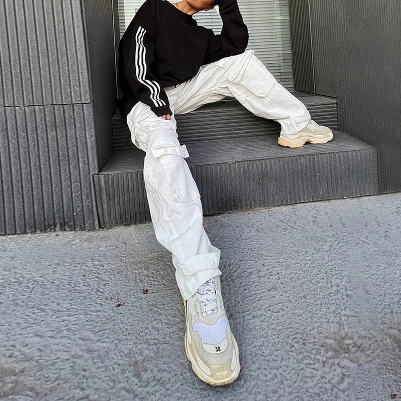 CHICEVER Fashionable High Waist Patchwork Pockets Cargo Denim Jeans For Women 2023