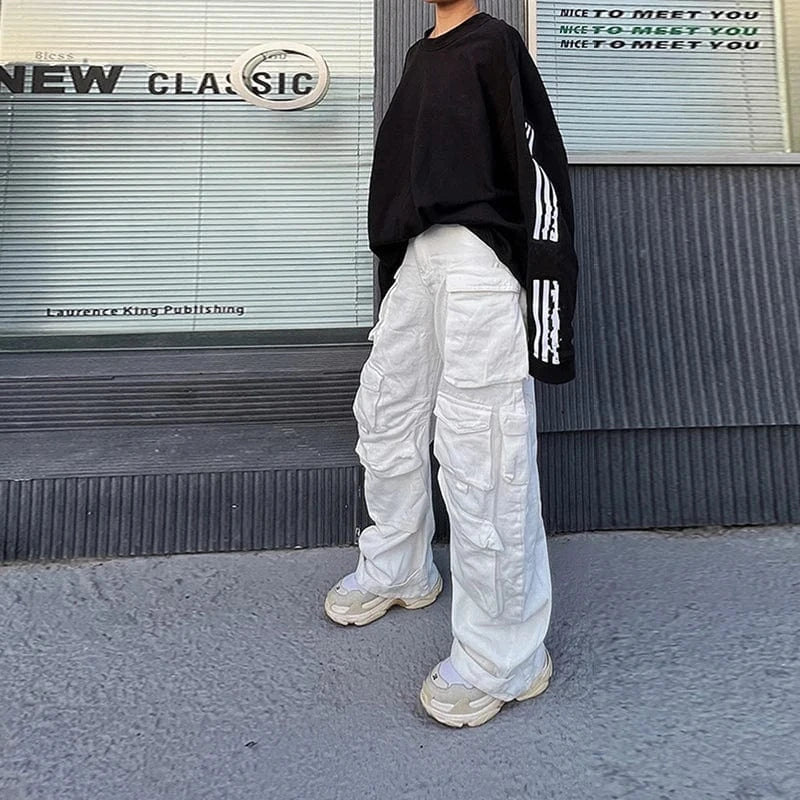 CHICEVER Fashionable High Waist Patchwork Pockets Cargo Denim Jeans For Women 2023