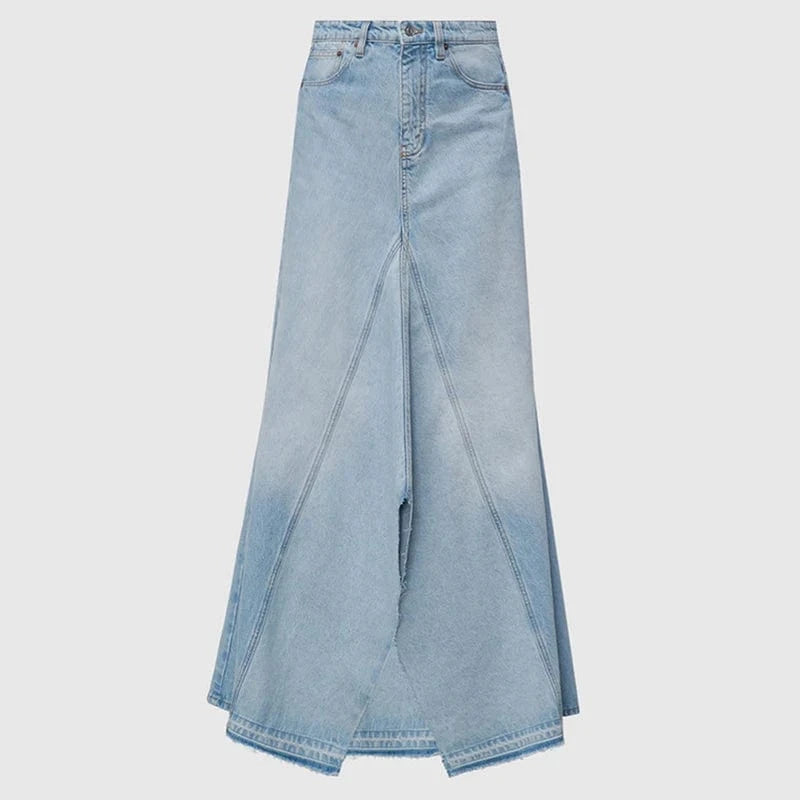 CHICEVER Fashionable High Waist Spliced Button Ladies Long Denim Skirt For Women