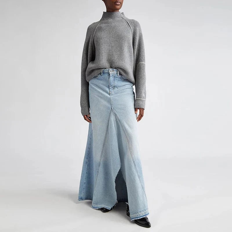 CHICEVER Fashionable High Waist Spliced Button Ladies Long Denim Skirt For Women