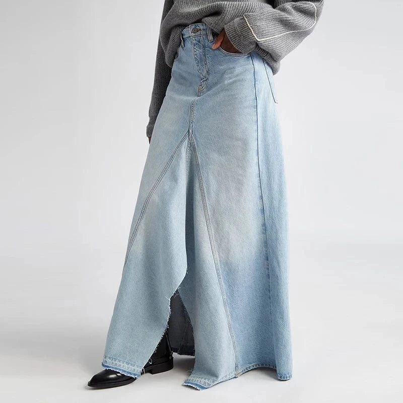 CHICEVER Fashionable High Waist Spliced Button Ladies Long Denim Skirt For Women