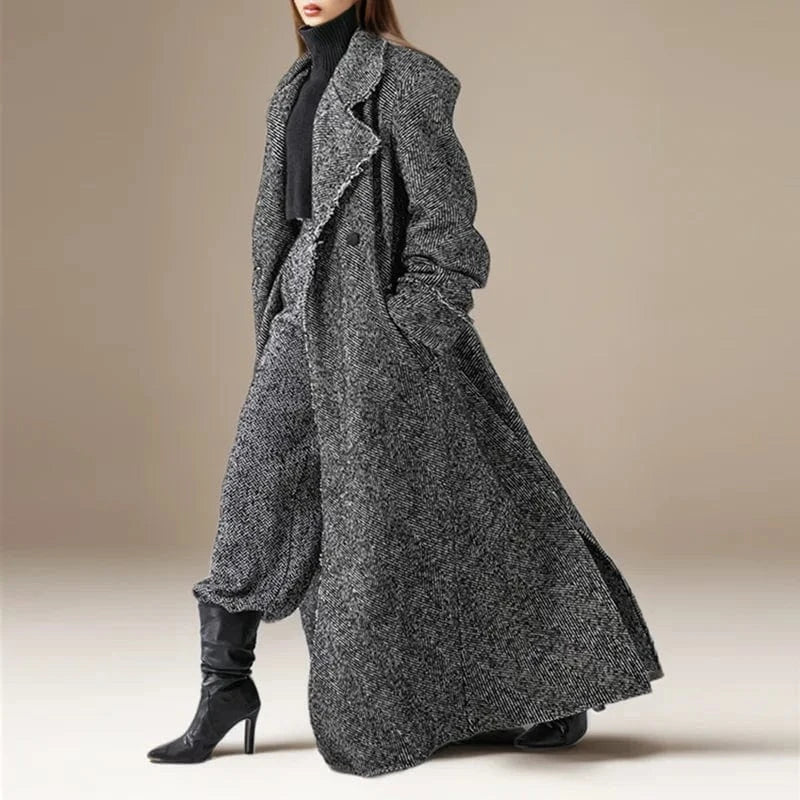 CHICEVER Fashionable Hit Color Notched Collar Long Sleeve Long Jacket For Women Winter