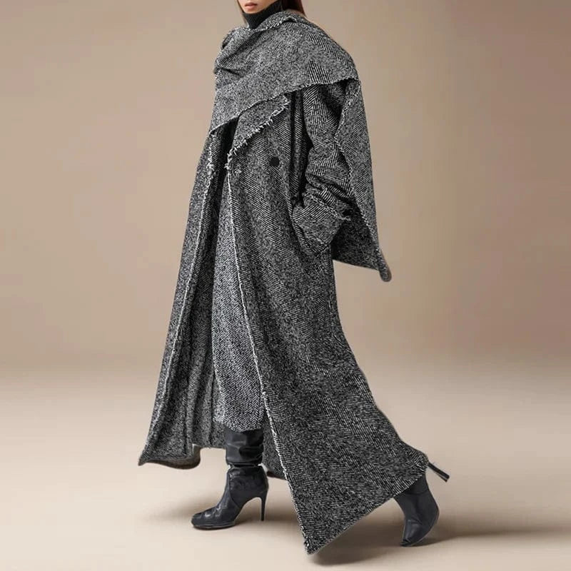 CHICEVER Fashionable Hit Color Notched Collar Long Sleeve Long Jacket For Women Winter