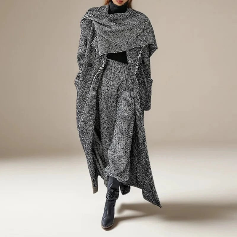 CHICEVER Fashionable Hit Color Notched Collar Long Sleeve Long Jacket For Women Winter