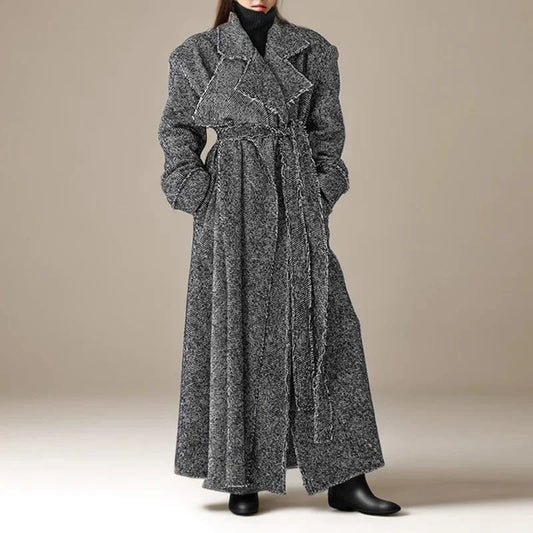 CHICEVER Fashionable Hit Color Notched Collar Long Sleeve Long Jacket For Women Winter