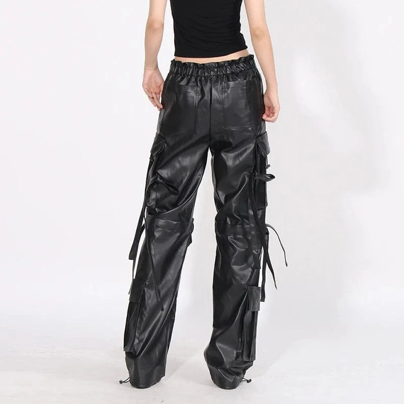 CHICEVER Fashionable Leather High Waist Patchwork Pockets Black Pant For Women 2023