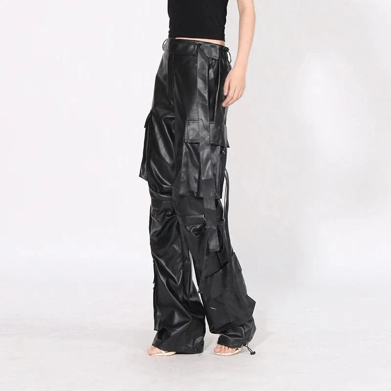 CHICEVER Fashionable Leather High Waist Patchwork Pockets Black Pant For Women 2023