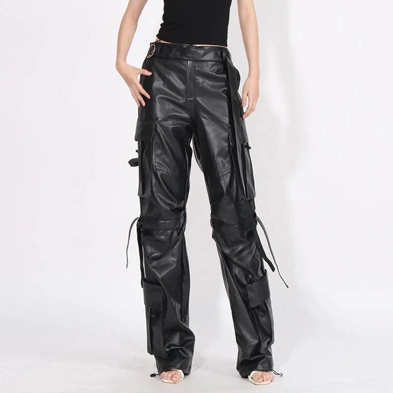 CHICEVER Fashionable Leather High Waist Patchwork Pockets Black Pant For Women 2023