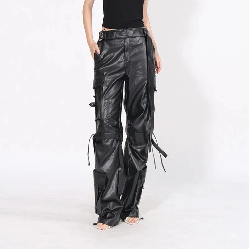 CHICEVER Fashionable Leather High Waist Patchwork Pockets Black Pant For Women 2023