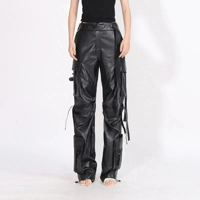 CHICEVER Fashionable Leather High Waist Patchwork Pockets Black Pant For Women 2023