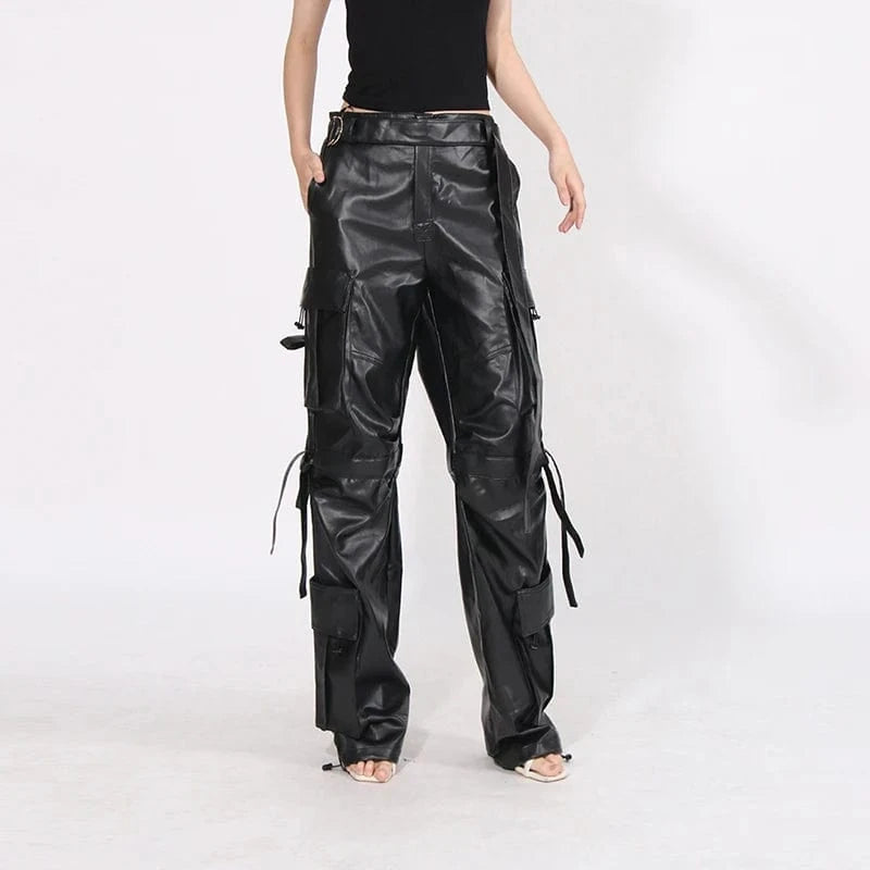 CHICEVER Fashionable Leather High Waist Patchwork Pockets Black Pant For Women 2023