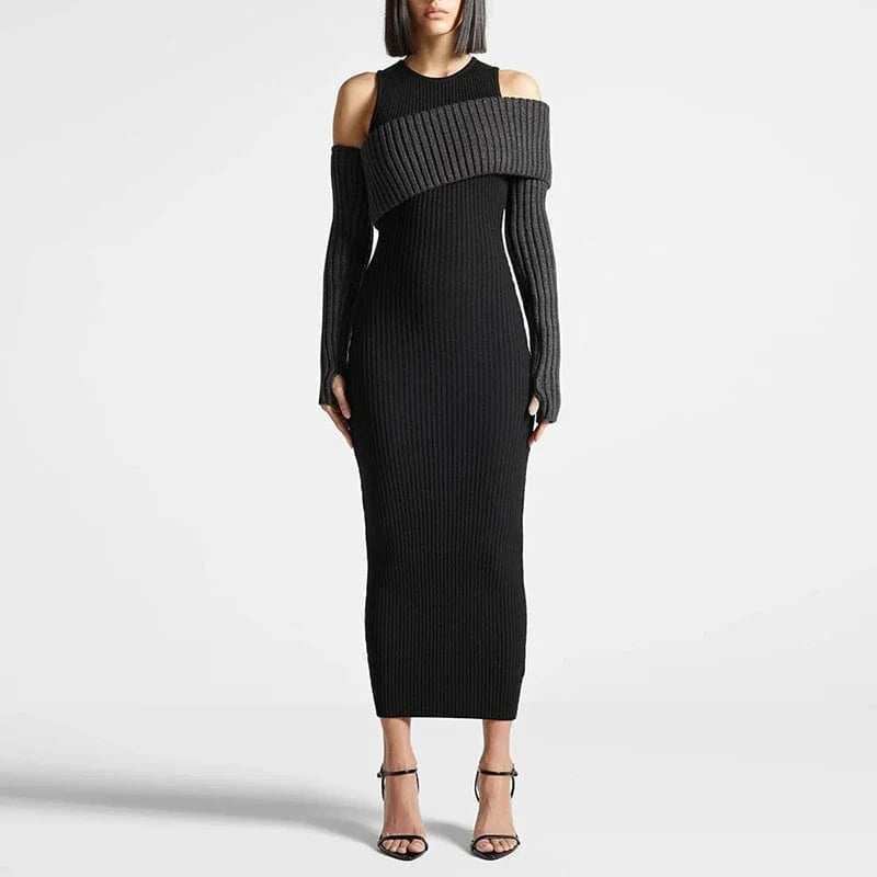 CHICEVER Fashionable Long Sleeve Round Neck Slim High Waist Knit Long Dresses For Women