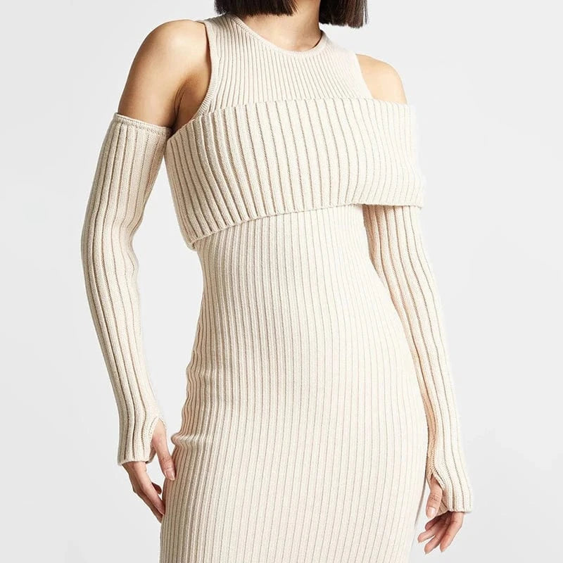 CHICEVER Fashionable Long Sleeve Round Neck Slim High Waist Knit Long Dresses For Women