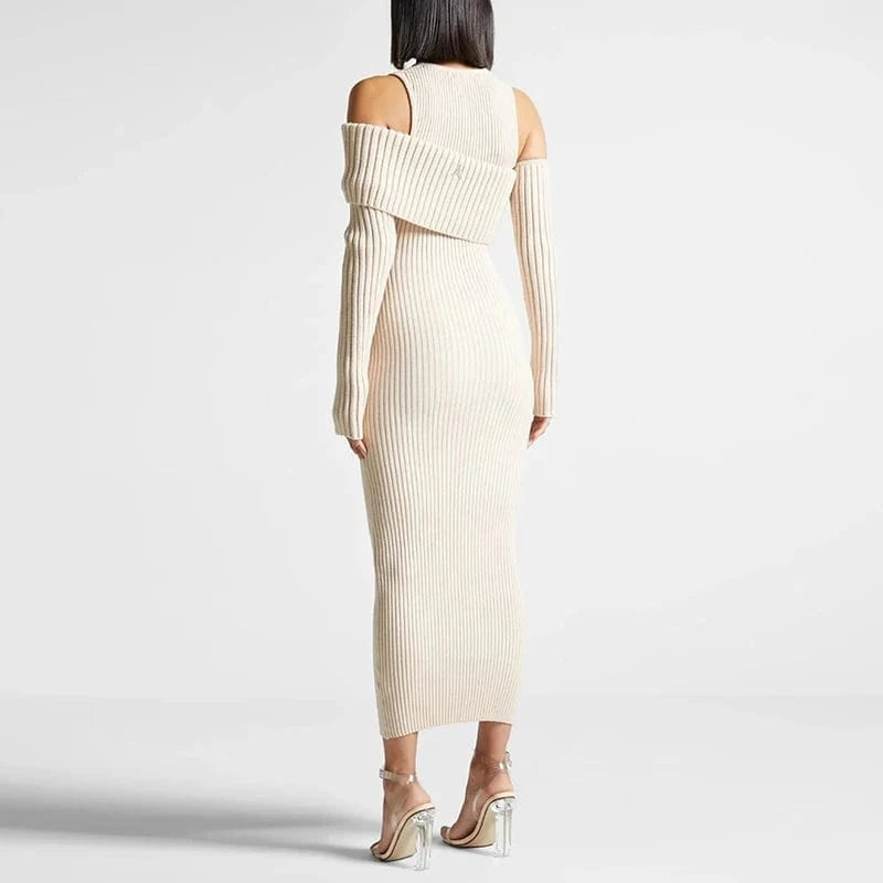 CHICEVER Fashionable Long Sleeve Round Neck Slim High Waist Knit Long Dresses For Women