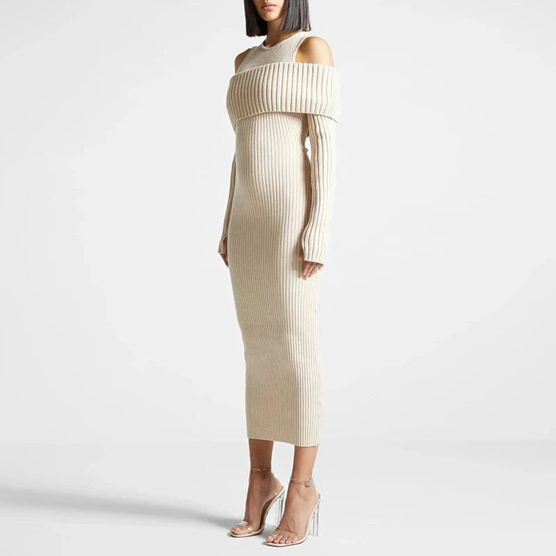 CHICEVER Fashionable Long Sleeve Round Neck Slim High Waist Knit Long Dresses For Women