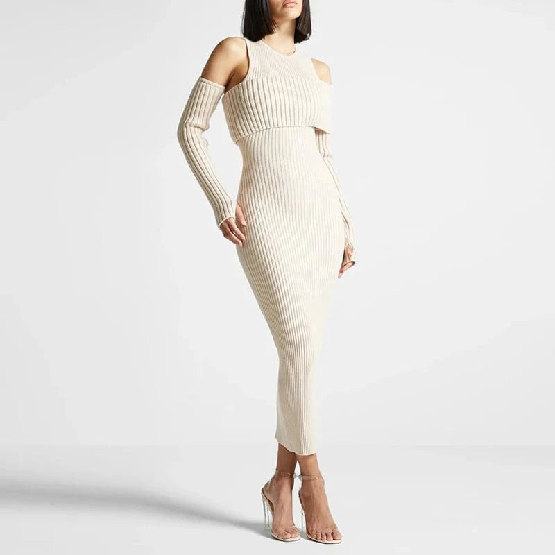 CHICEVER Fashionable Long Sleeve Round Neck Slim High Waist Knit Long Dresses For Women