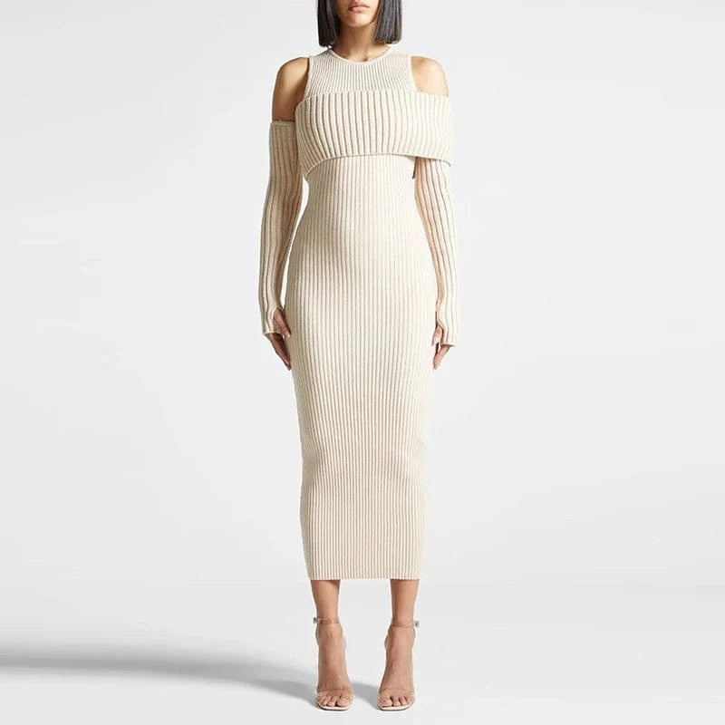 CHICEVER Fashionable Long Sleeve Round Neck Slim High Waist Knit Long Dresses For Women