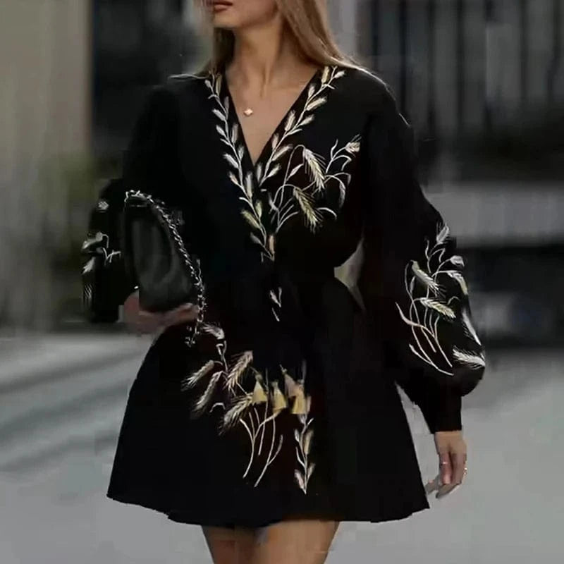 CHICEVER Fashionable Mini Cotton Material V Neck Long Sleeve Dresses For Women 2023