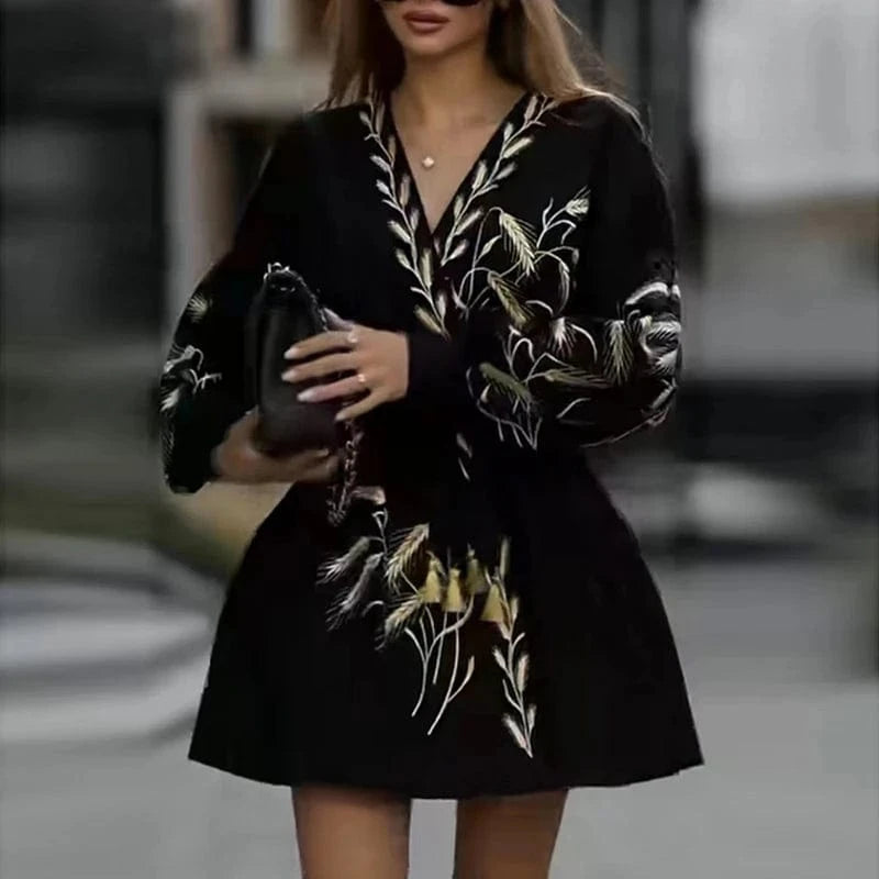 CHICEVER Fashionable Mini Cotton Material V Neck Long Sleeve Dresses For Women 2023