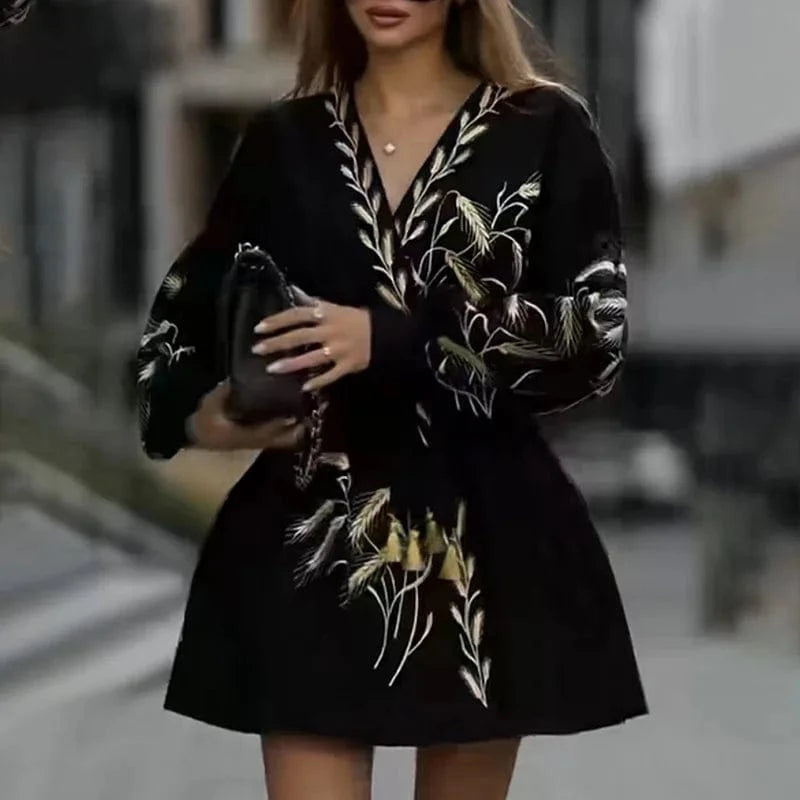 CHICEVER Fashionable Mini Cotton Material V Neck Long Sleeve Dresses For Women 2023