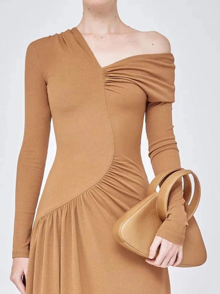 CHICEVER Fashionable Slim Long Dresses Solid Color V Neck Long Sleeve Dress For Women