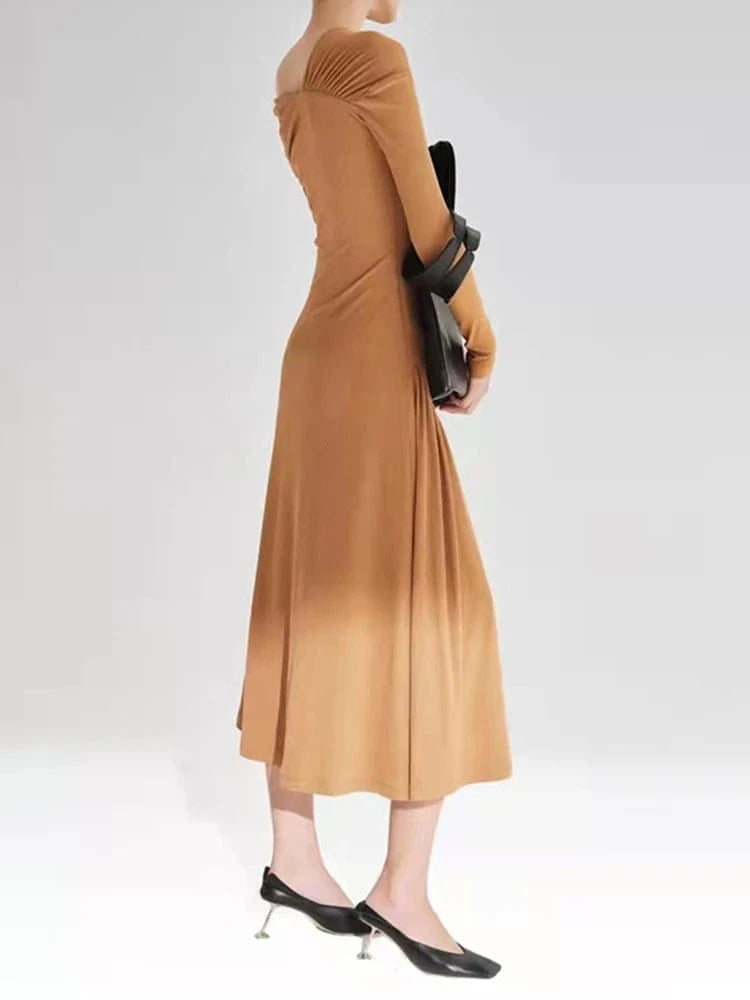 CHICEVER Fashionable Slim Long Dresses Solid Color V Neck Long Sleeve Dress For Women