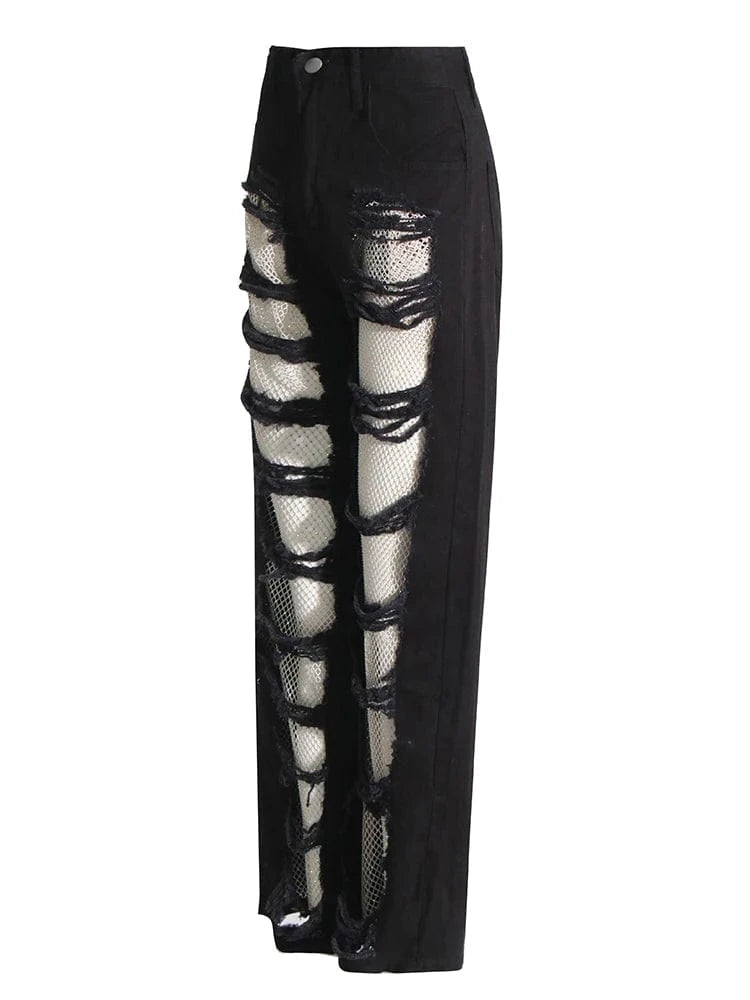 CHICEVER Fashionable Solid Color High Waist Patchwork Mesh Women Pants Jeans Trousers 2023