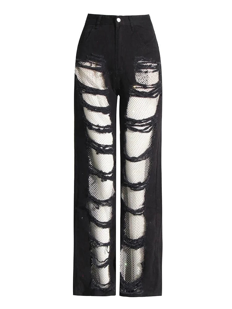 CHICEVER Fashionable Solid Color High Waist Patchwork Mesh Women Pants Jeans Trousers 2023