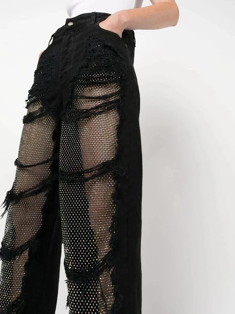 CHICEVER Fashionable Solid Color High Waist Patchwork Mesh Women Pants Jeans Trousers 2023