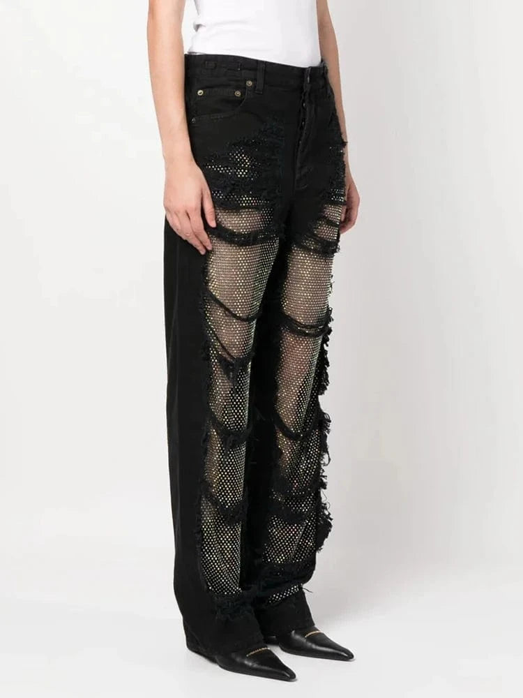 CHICEVER Fashionable Solid Color High Waist Patchwork Mesh Women Pants Jeans Trousers 2023